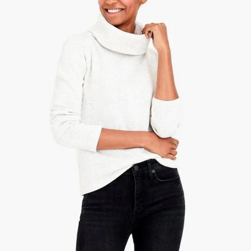 J.CREW GRAY WHITE GLEN PLAID FUNNEL NECK PULLOVER SWEATSHIRT